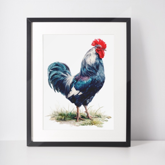 Watercolor Blue Rooster Portrait Wall Art Print Poster Unframed - Bird Artwork - Picture 3 of 6